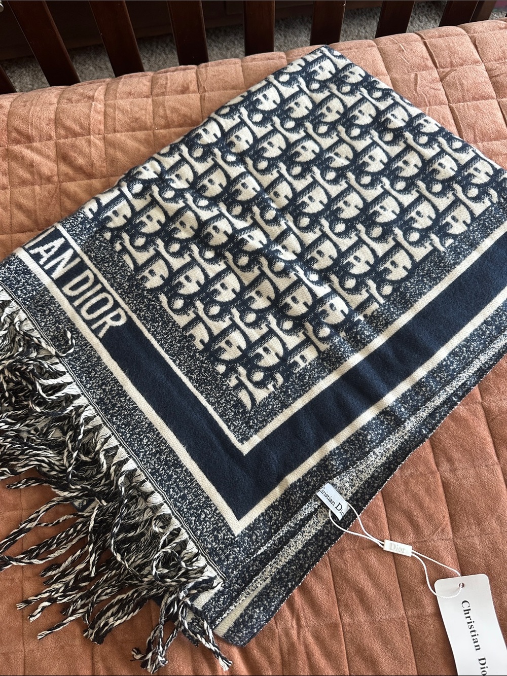 Navy and Cream Monogram Fringe scarf
